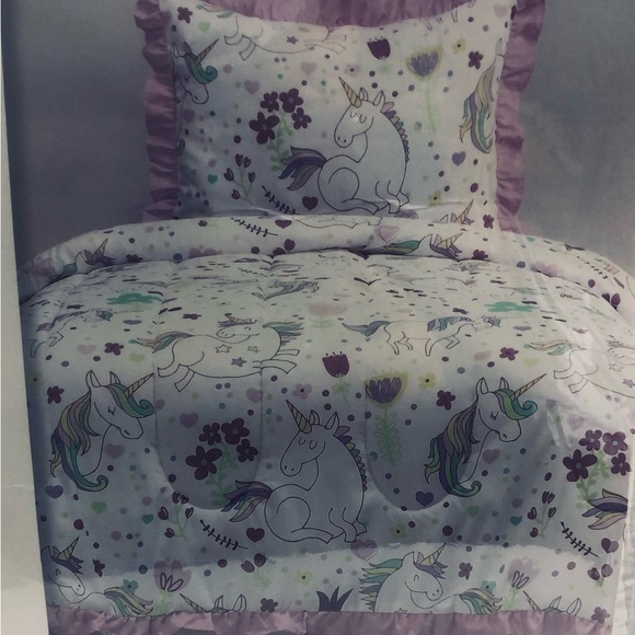 2piece Comforter set Unicorn flowers hearts printed white pink. Twin size - Picture 2 of 4